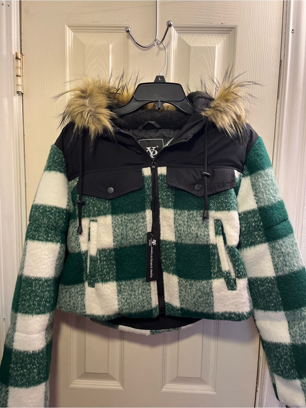 Cropped Miracle Green and White Plaid Coat with Black Trim